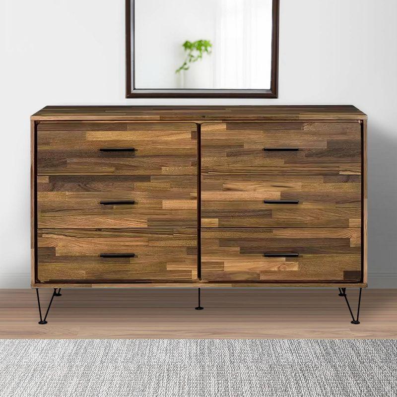 Double Horizontal Brown Dresser with Butcher Block Pattern and Metal Accents