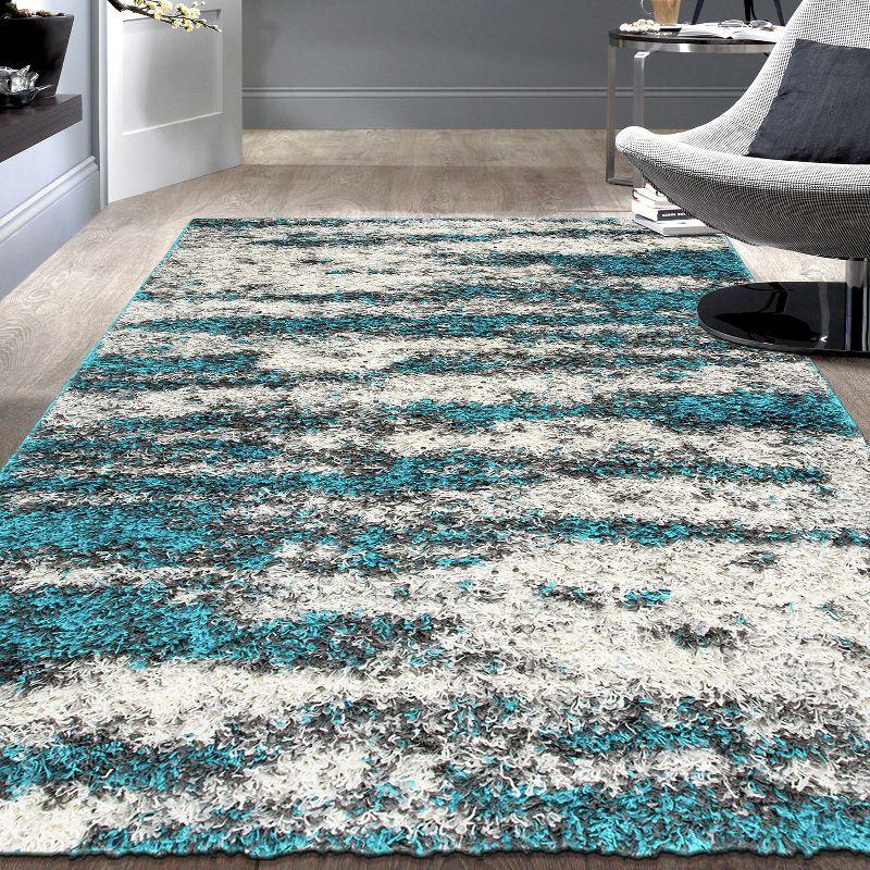 World Rug Gallery Modern Abstract Design Plush Shag Area Rug - Turquoise 5' x 7'