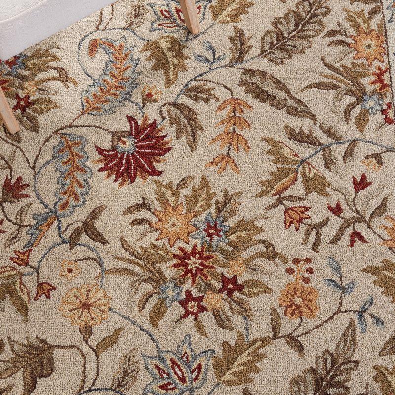 Ivory Floral Hand-Hooked Wool Square Area Rug