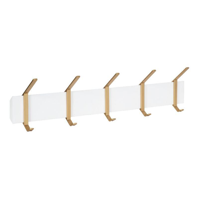 White and Gold Wall-Mounted Wood Coat Rack with 5 Hooks