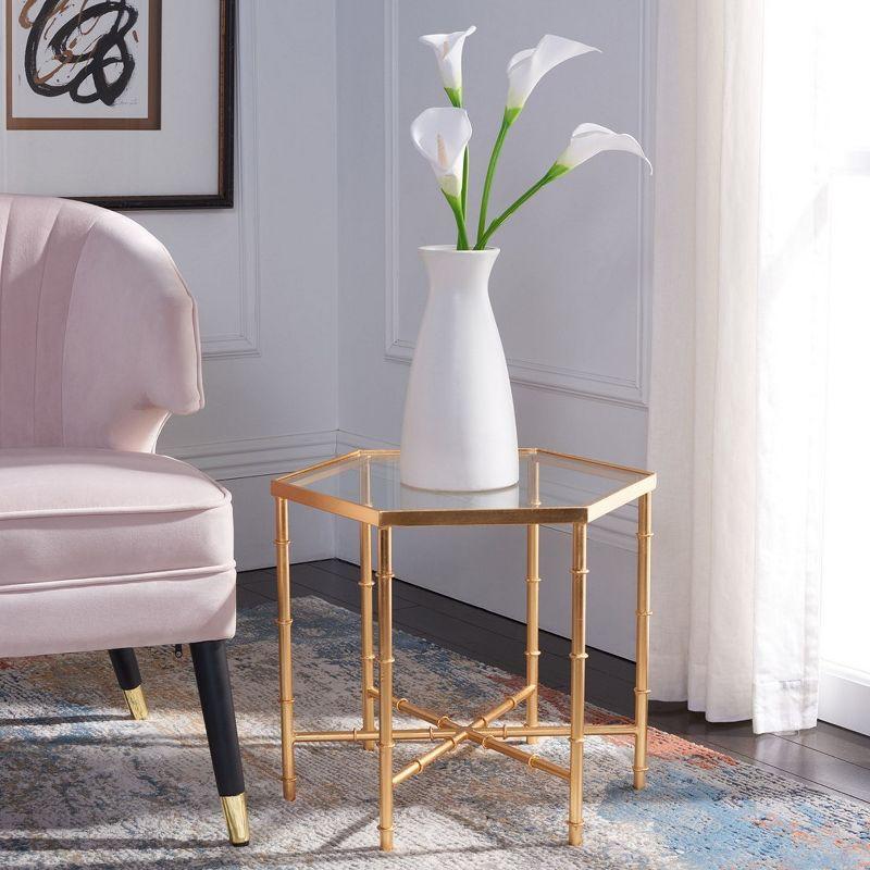 Gold Faux Bamboo Metal and Glass Accent Table