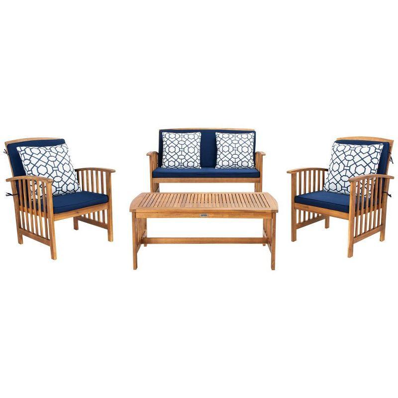 Rocklin 4 Piece Patio Outdoor Conversation Set - Natural/Navy/Blue / White - Safavieh