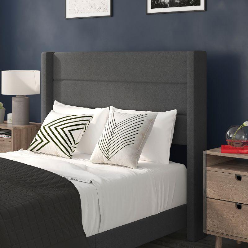 Flash Furniture Full Size Upholstered Platform Bed with Wingback Headboard-Charcoal Faux Linen