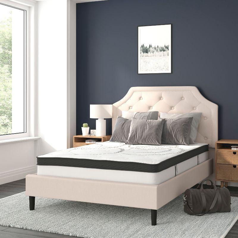 Flash Furniture Brighton Full Size Tufted Upholstered Platform Bed in Beige Fabric with 10 Inch CertiPUR-US Certified Pocket Spring Mattress