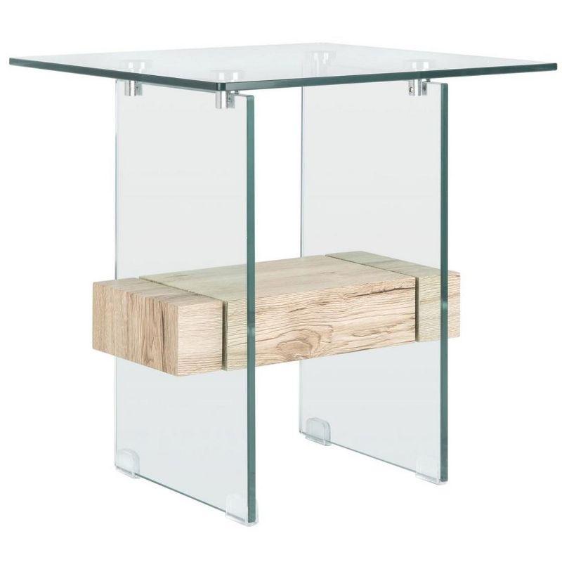 Tate Transitional 20" Square Natural Wood & Glass Accent Table