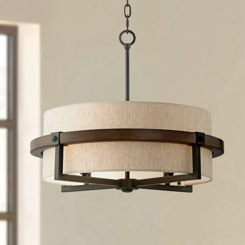 Castille Rustic Farmhouse 22" Bronze and Wood Finish Drum Pendant Light