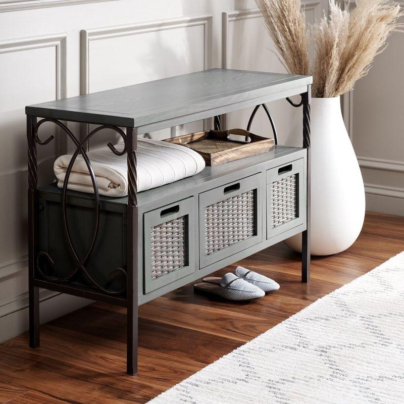 Transitional Gray 3-Drawer Console Table with Wicker Accents