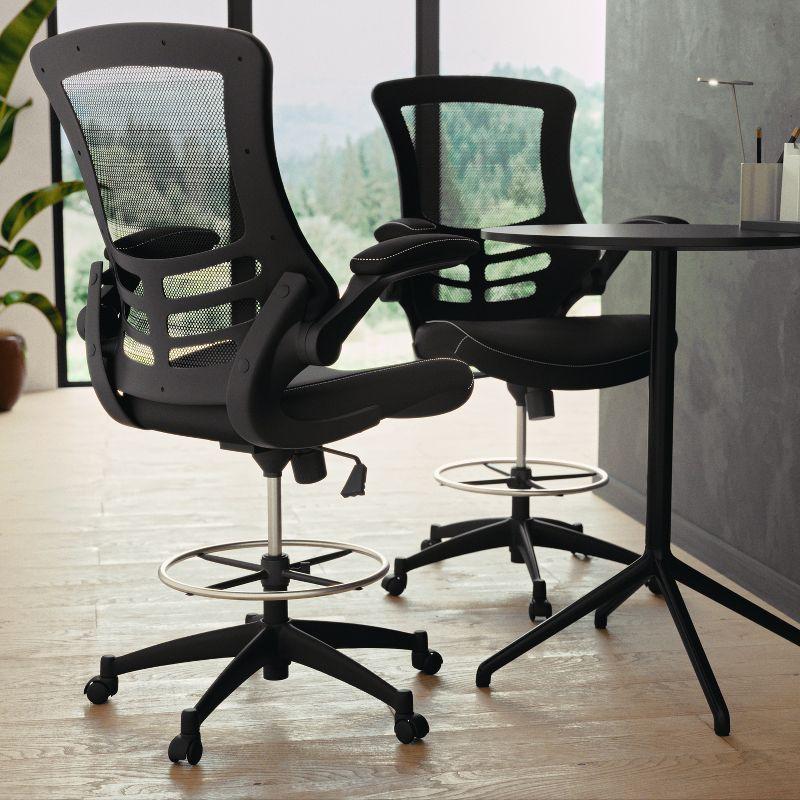 Flash Furniture Kelista Mid-Back Black Mesh Ergonomic Drafting Chair with LeatherSoft Seat, Adjustable Foot Ring and Flip-Up Arms