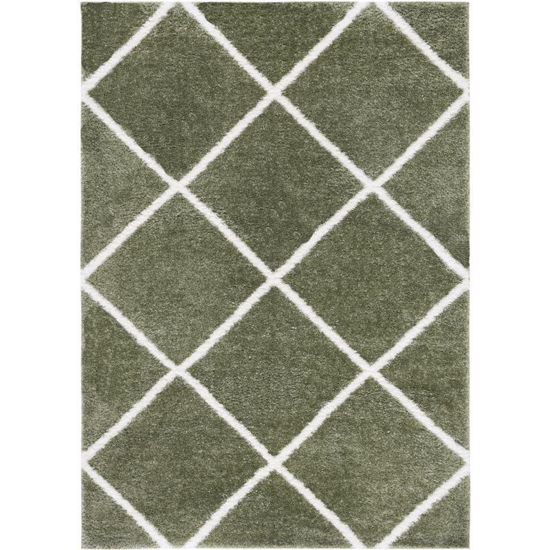 Sage and White Geometric Shag Rectangular Rug 5' x 7'