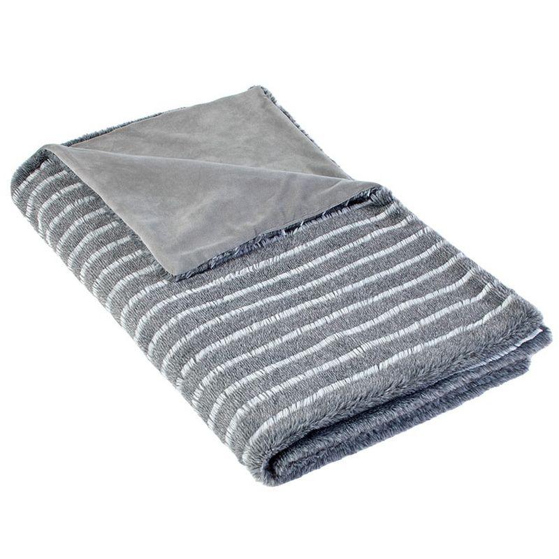 Gray Striped Faux Fur Throw Blanket with Polyester Backing