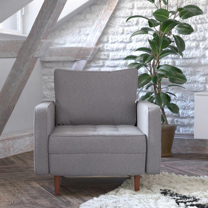 Flash Furniture Hudson Mid-Century Modern Commercial Grade Armchair with Tufted Faux Linen Upholstery & Solid Wood Legs in Slate Gray