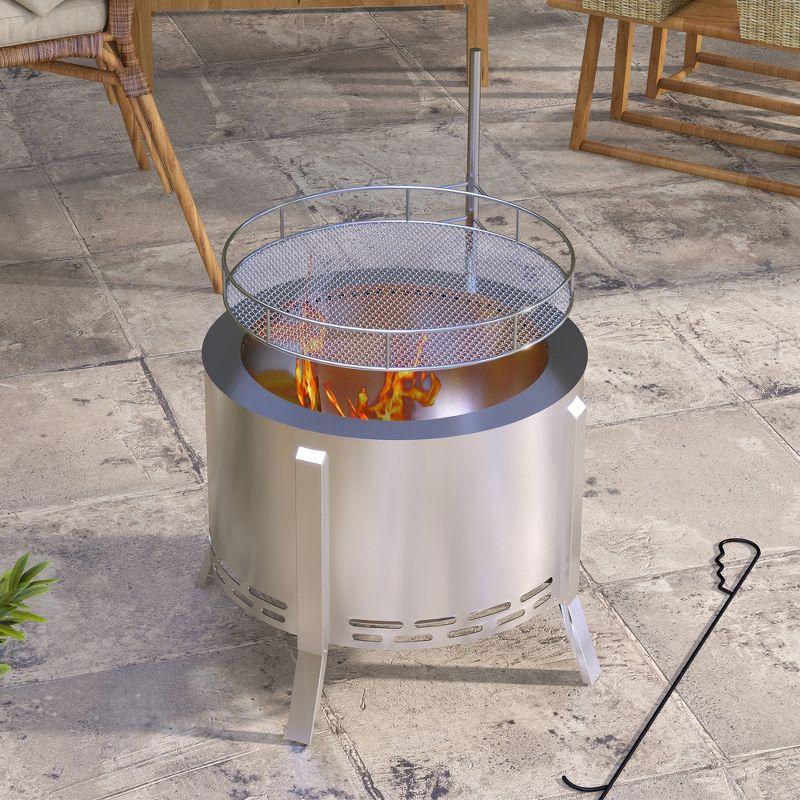 Outsunny 2-in-1 Smokeless Fire Pit BBQ Grill 19" Wood Burning Firepit with Poker, Stainless Steel, Silver