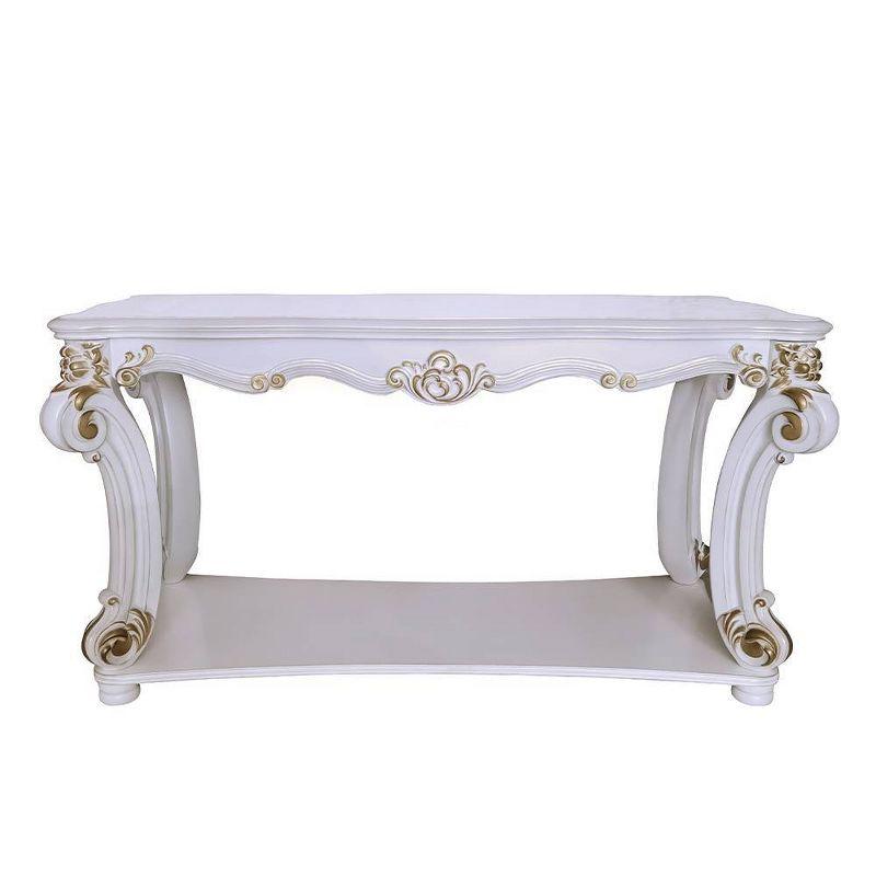 58" Vendome Accent Table Antique Pearl Finish - Acme Furniture: Scrolled Legs, Open Shelf