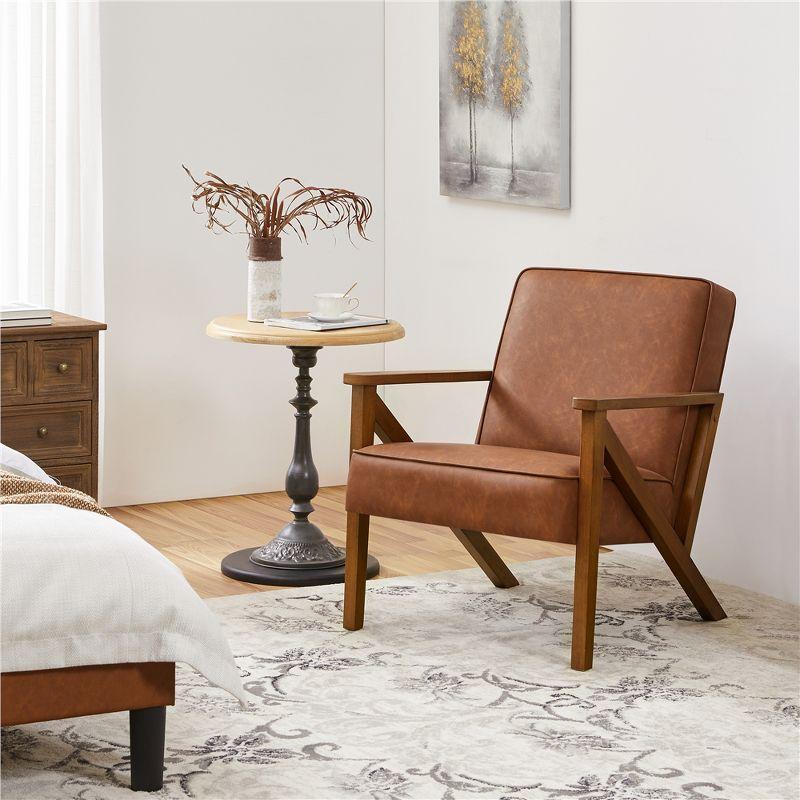 Light Brown Faux Leather Accent Chair with Wood Frame