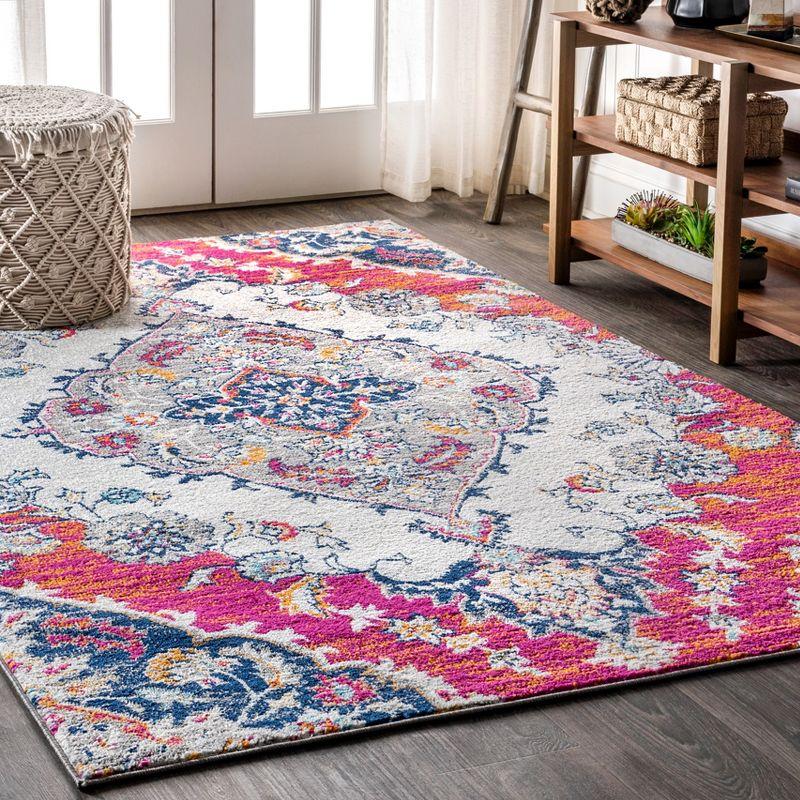 Reversible Medallion Blue and Coral 4' x 6' Synthetic Area Rug