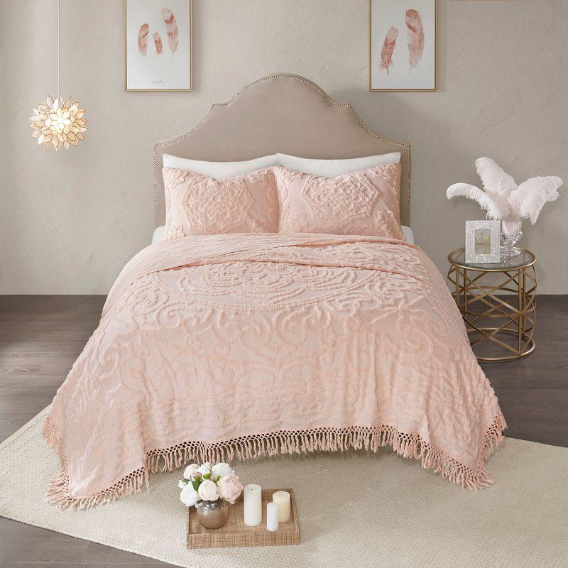 King Blush Cotton Chenille Medallion Fringe Coverlet Set