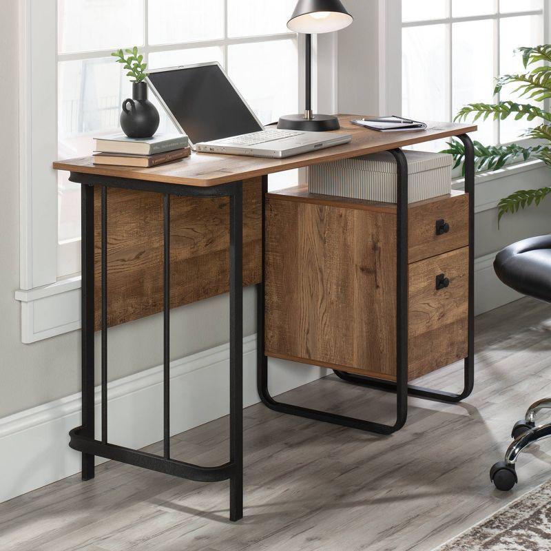 Etched Oak and Black Wood Desk with Drawer and Filing Cabinet