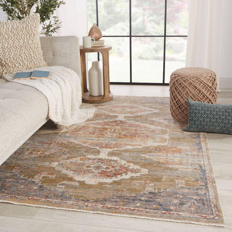 47'' Blue and Olive Medallion Wool Blend Stain-Resistant Rug