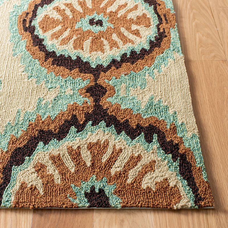 Beige and Green Floral Hand-Hooked Rectangular Rug