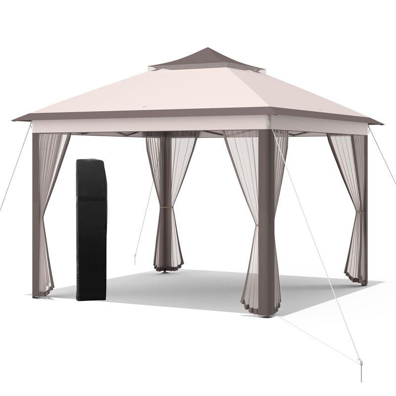 Beige and Brown 11'x11' 2-Tier Pop-Up Gazebo Tent with Mesh