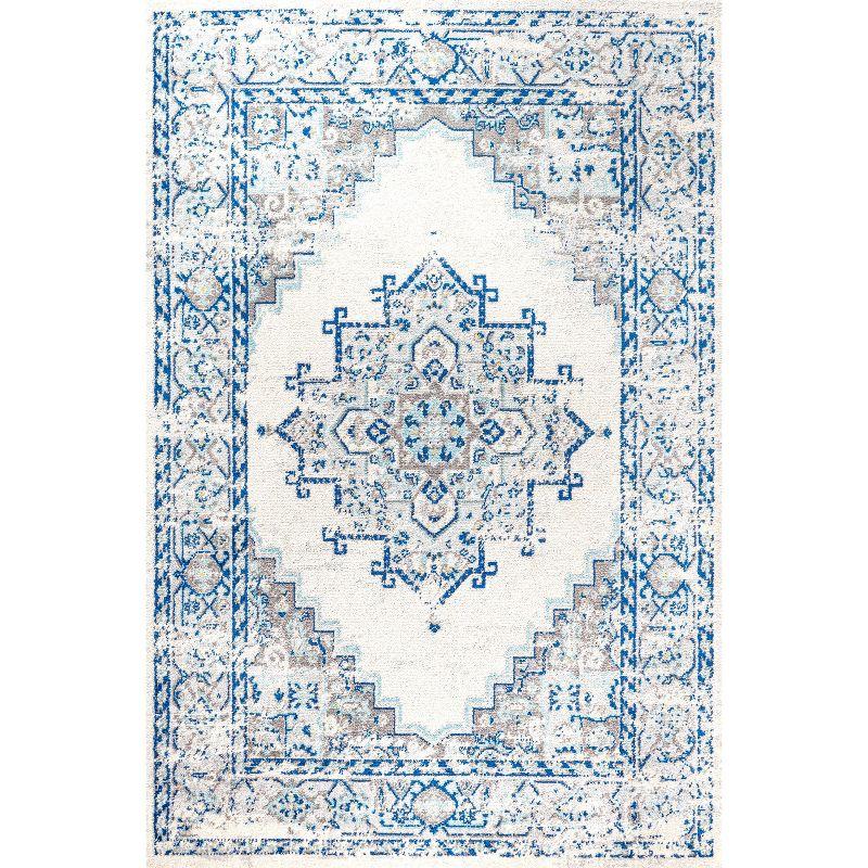 Reversible Medallion Blue and Ivory Synthetic Area Rug - 5x8 Feet