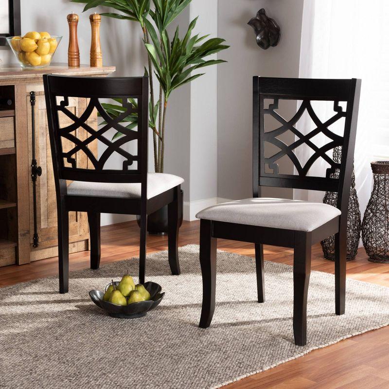 Set of 2 Grey Fabric and Dark Brown Wood Dining Chairs with Cut-Out Back