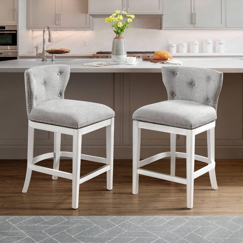 Set of 2 Miranda Swivel Counter Height Barstools White - Alaterre Furniture: Linen Fabric, Nailhead Trim, Memory Return-Swivel