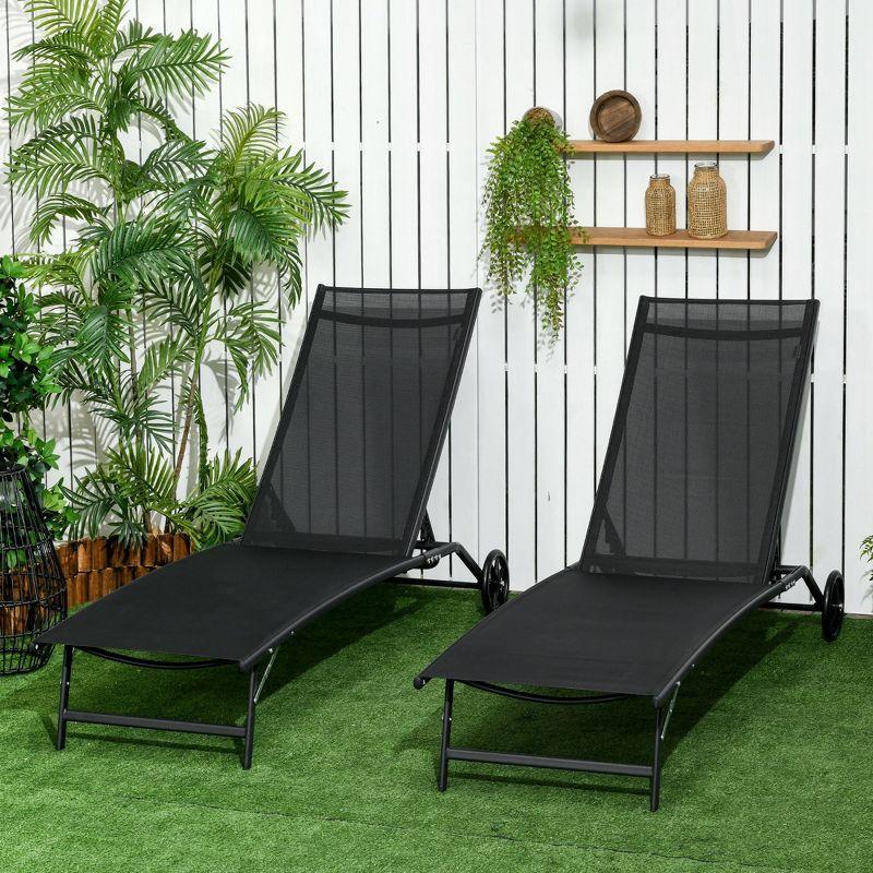 Black Mesh Adjustable Outdoor Chaise Lounge Set with Wheels