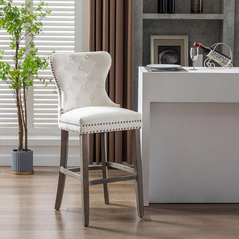 Cream Velvet Tufted Bar Stool with Metal Footrest, Set of 2