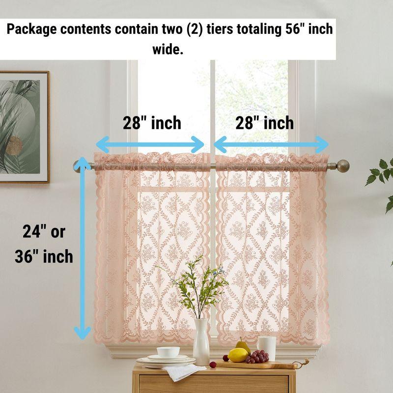 HLC.ME Isabella Floral Rod Pocket Lace Semi Sheer Voile Short Cafe Tiers for Small Windows - Ivory, Tiers - 28 W x 36 L