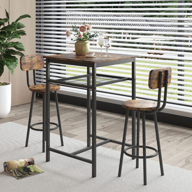 LOVMOR Modern 3 Pieces Bar Table Set with 2 Bar Stools, Backrest and Partition, for Apartment, Small Spaces, Brown