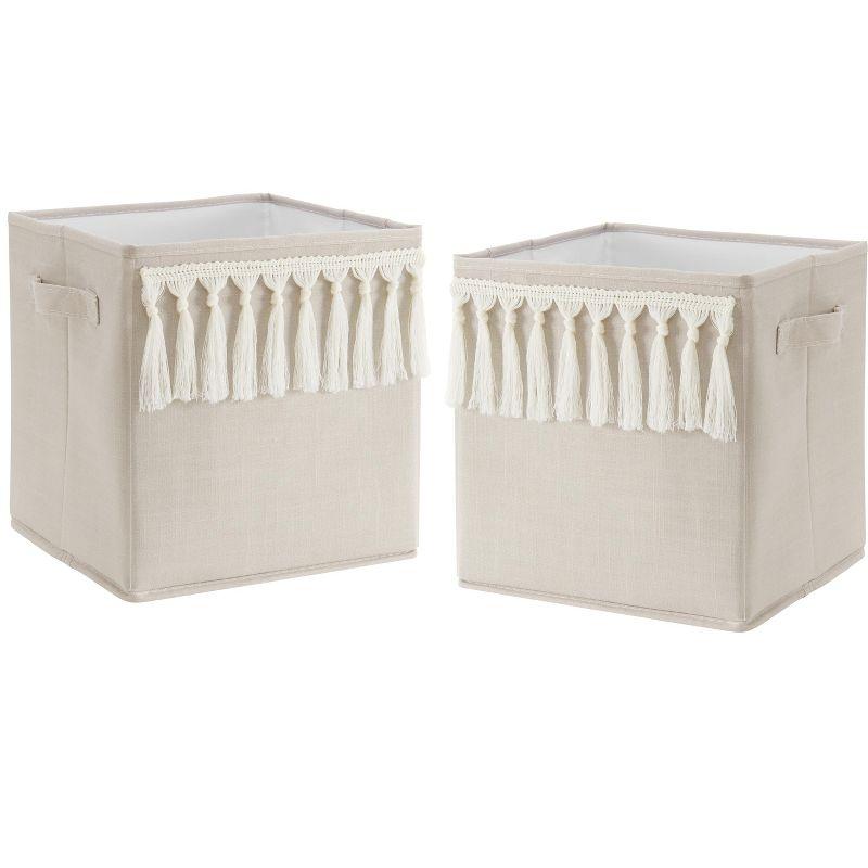 Taupe and Ivory Boho Fringe Foldable Fabric Storage Bins