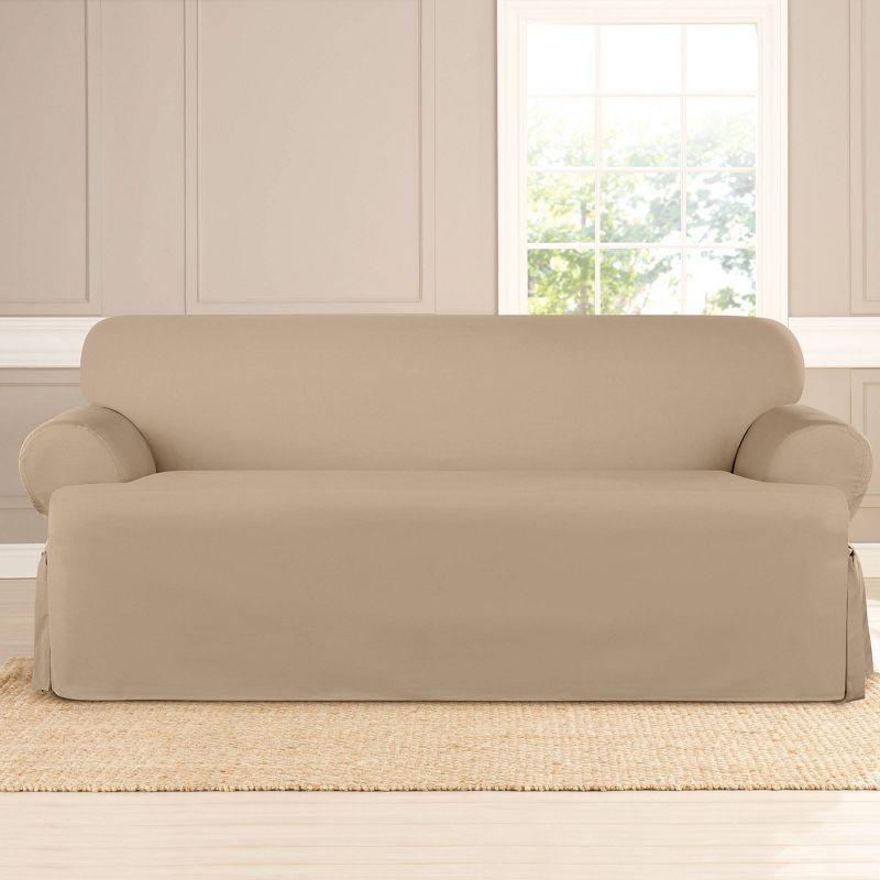 Heavyweight Cotton Duck T-Sofa Slipcover Khaki - Sure Fit: Machine Washable, Indoor Couch Protector, Fits 74-96" Width