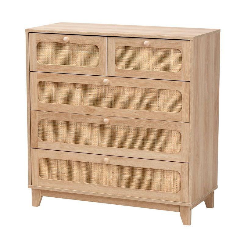 Elsbeth Wood and Natural Rattan 5 Drawer Storage Cabinet Oak Brown/Natural Brown - Baxton Studio