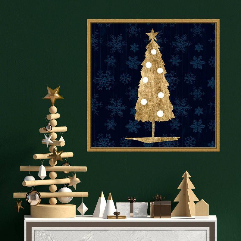 Golden Christmas Tree on Navy Blue Canvas Wall Art