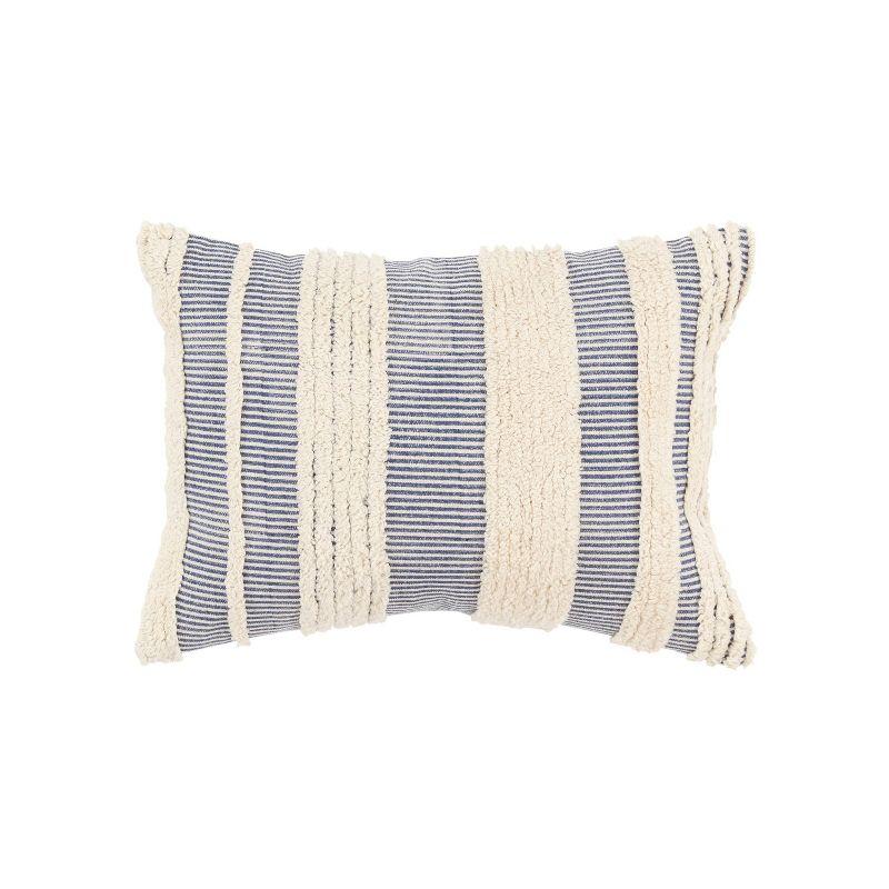 Navy Blue and Natural Cotton Striped Lumbar Throw Pillow