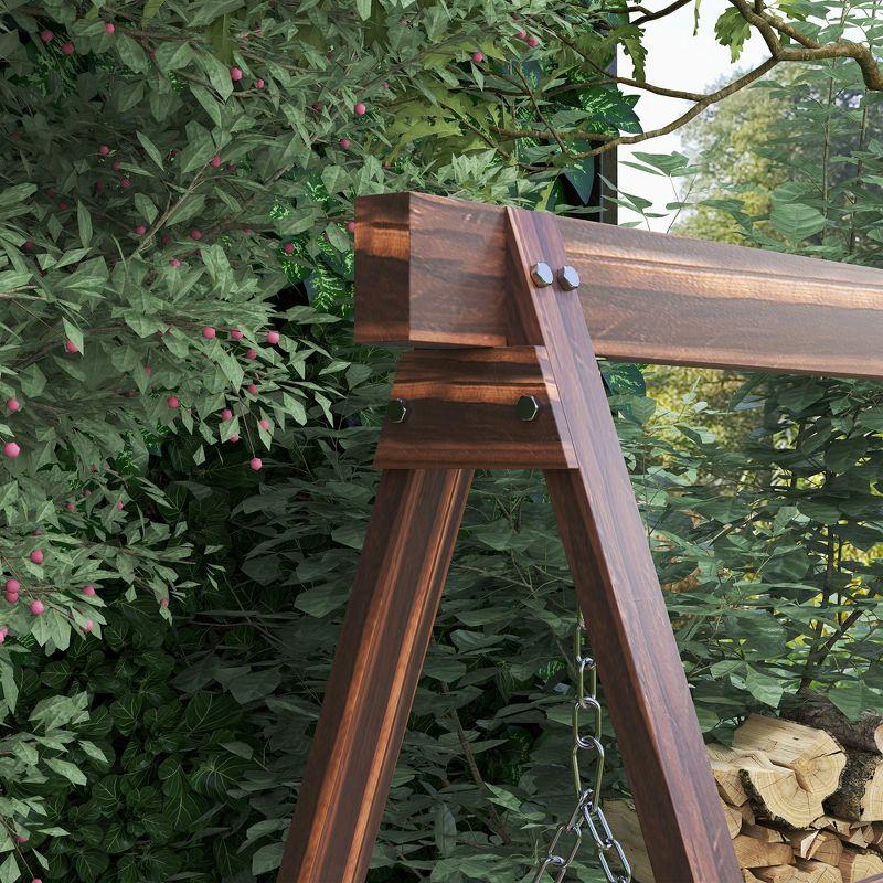Outsunny 3 Seat Wooden Porch Swing with Stand, Patio Swing Chair with Side Tables, Carbonized Brown