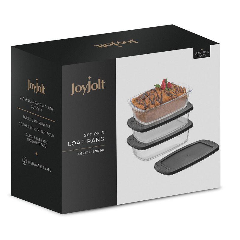 JoyJolt Glass Bakeware Containers for Loaf,  Bread, Cakes Pans Baking Containers with Lids - Set of 3 - Black