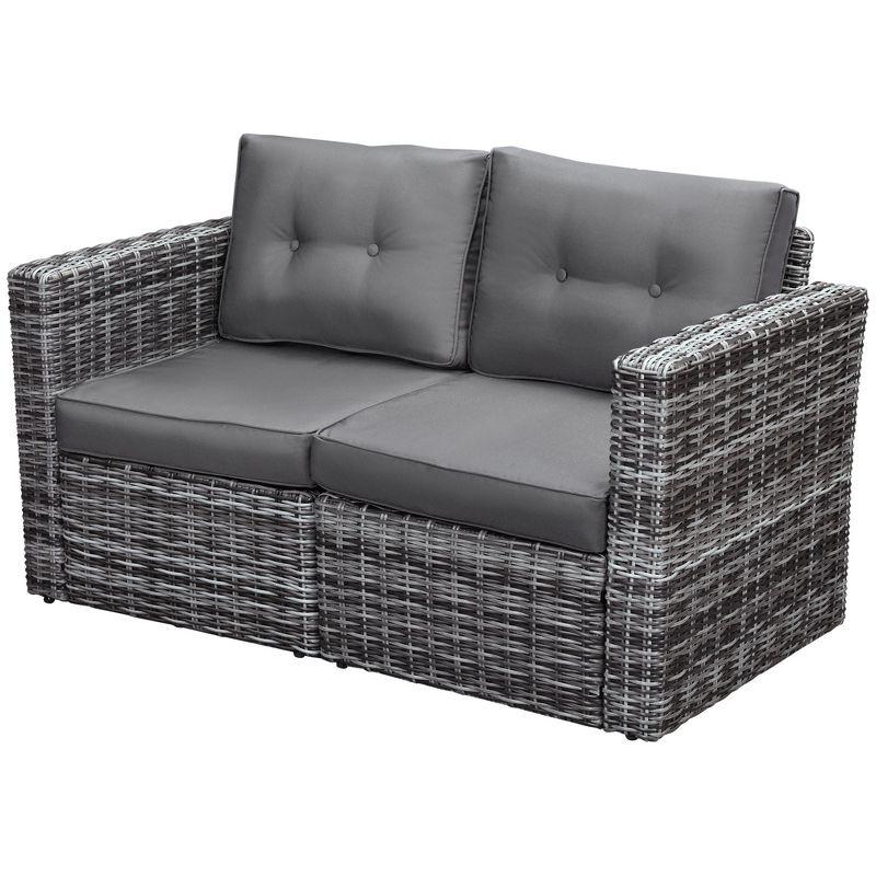 Outsunny 2 Piece Patio Wicker Corner Sofa Set, Outdoor PE Rattan Furniture, with Curved Armrests and Padded Cushions for Balcony, Gray