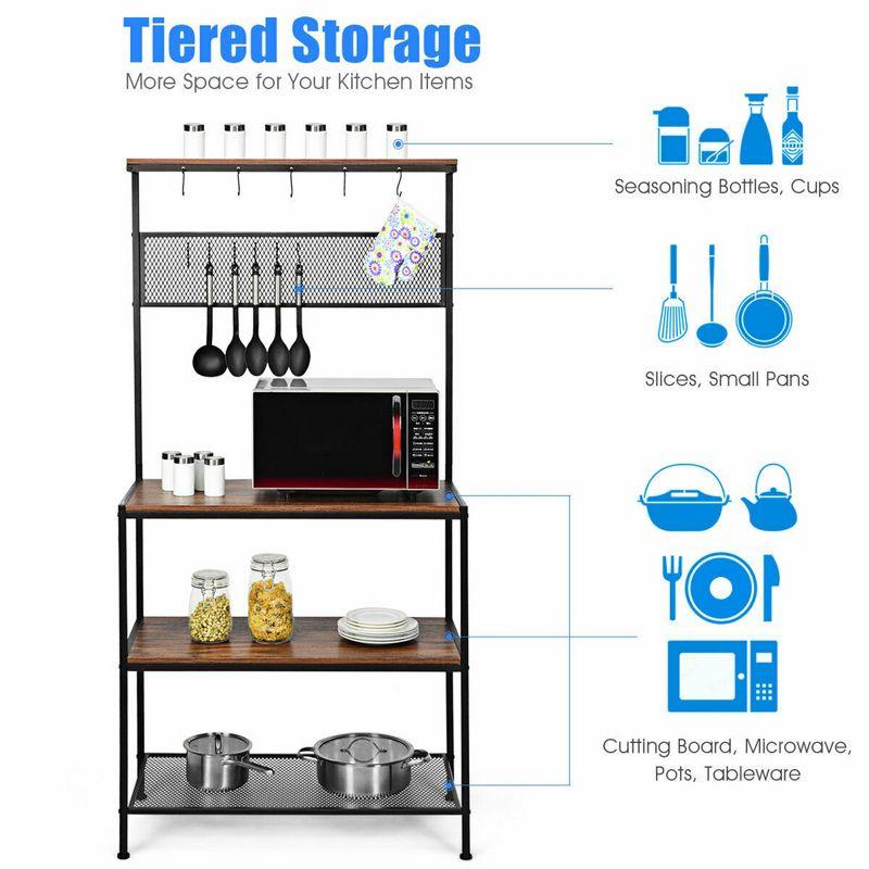 Costway 4-Tier Kitchen Bakers Rack Microwave Oven Stand Industrial w/Hooks & Mesh Panel