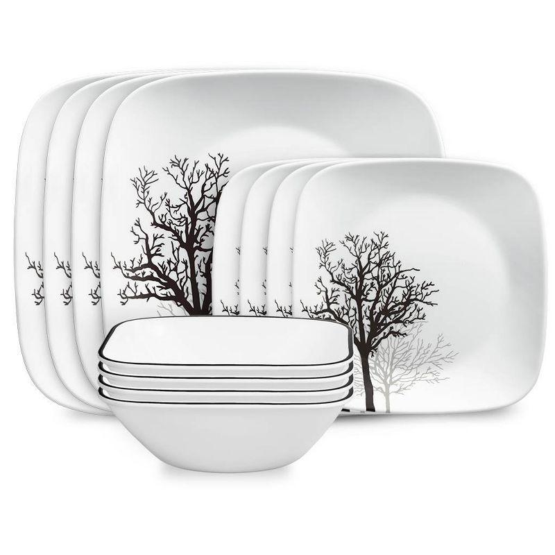 Corelle 12pc Vitrelle Timber Shadows Dinnerware Set: Botanical Tree Pattern, Service for 4, Includes Plates & Bowls