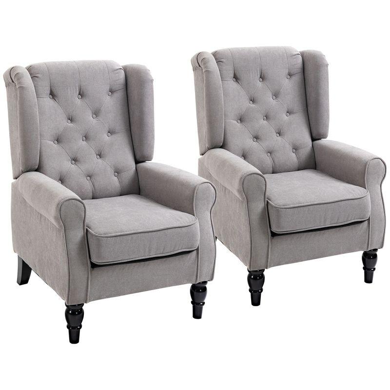 Gray Button-Tufted High Wingback Accent Chair with Wood Legs, Set of 2