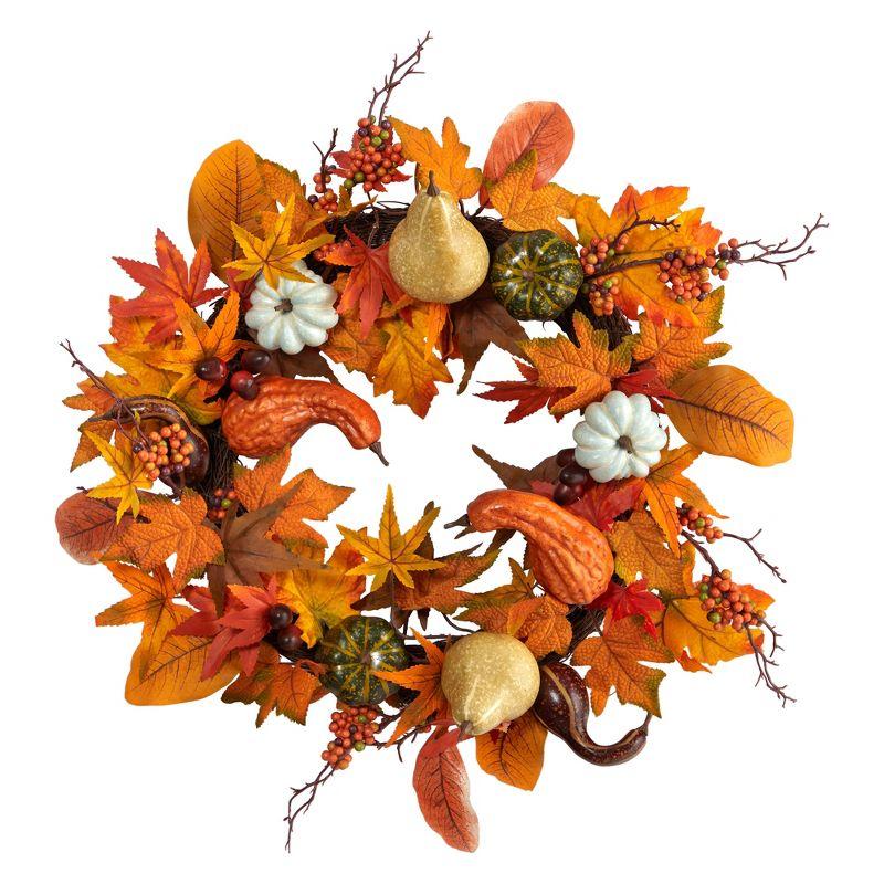 Nearly Natural 24-in Autumn Pumpkin, Gourd and Berries in Assorted Colors Artificial Fall Wreath