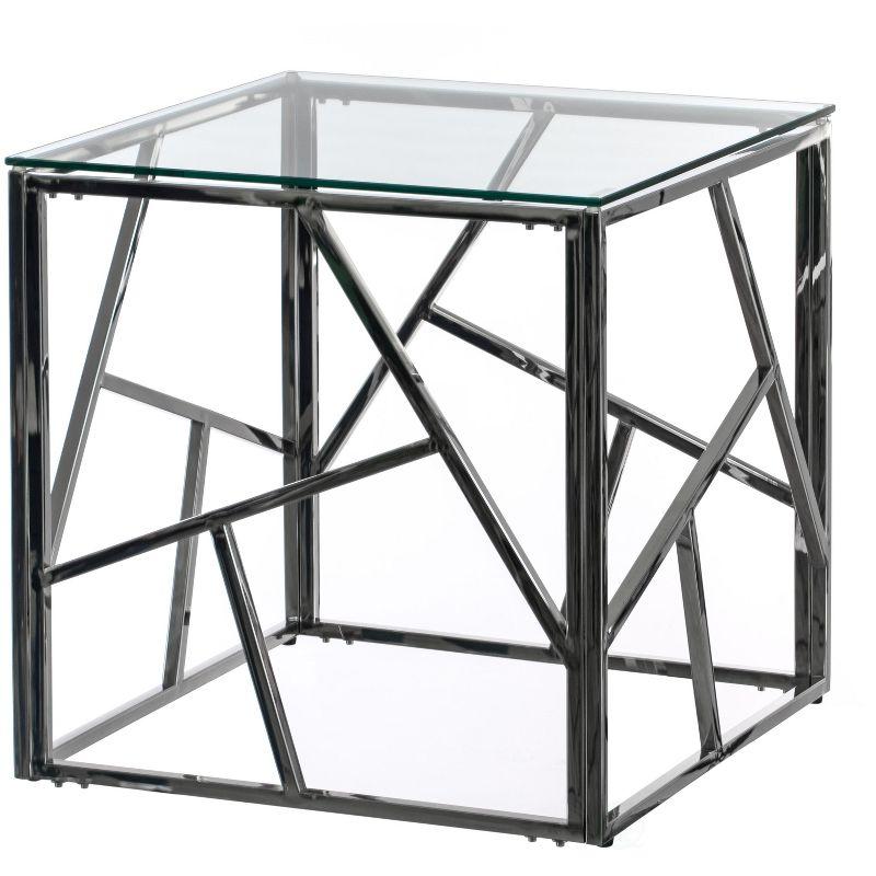 Fabulaxe Modern Square End Side Table, Tempered Glass Top Metal Coffee Table, Silver