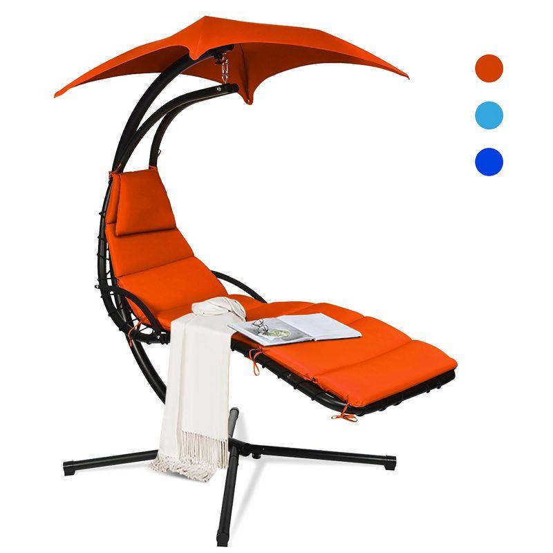 Orange Hanging Chaise Lounge Chair with Cushions and Canopy