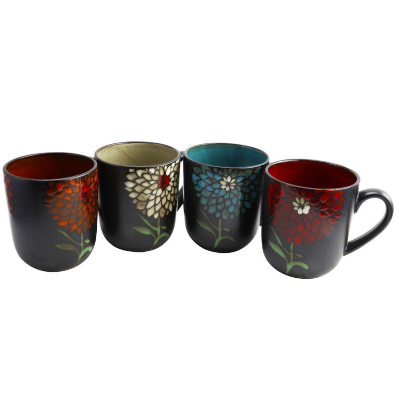 Black Ceramic Floral Microwave Safe 16 oz Mug Set