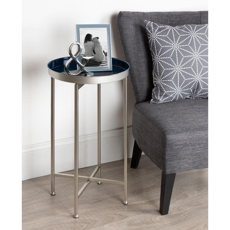 Celia Navy Blue and Silver Round Metal Foldable Tray Accent Table