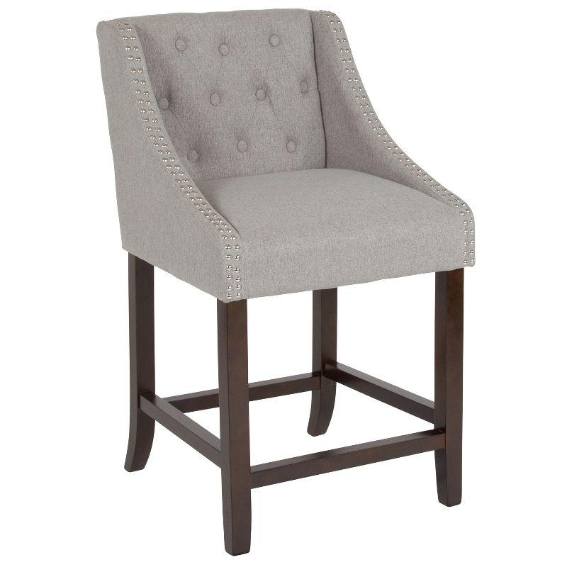 32" Light Gray Tufted Fabric Counter Stool with Walnut Wood Frame