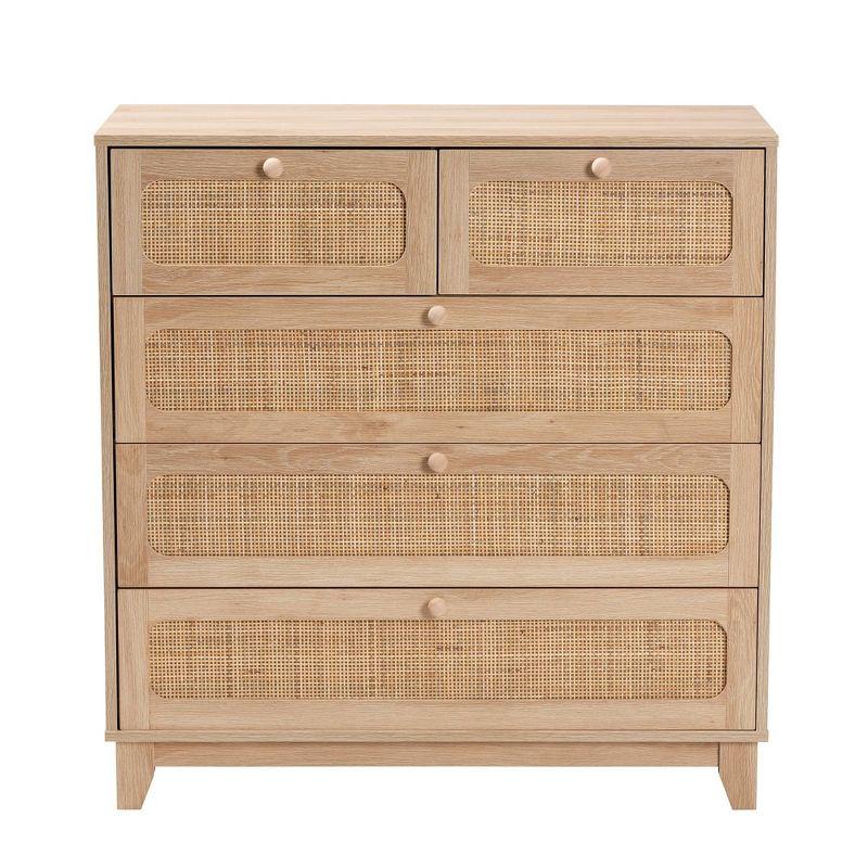 Elsbeth Oak Brown Wood and Natural Rattan 5-Drawer Storage Cabinet