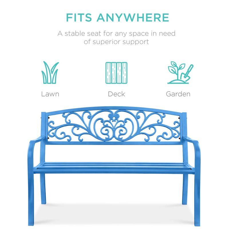 World Menagerie Outdoor Steel Bench with Floral Backrest & Slatted Seat, Marigold for Garden, Patio, Porch, Lawn, and Deck